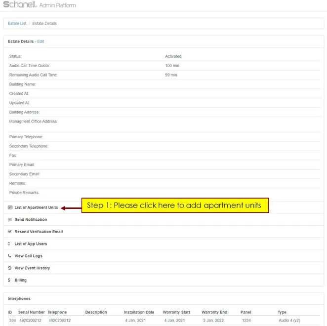 List of Apartment Units in the admin platform