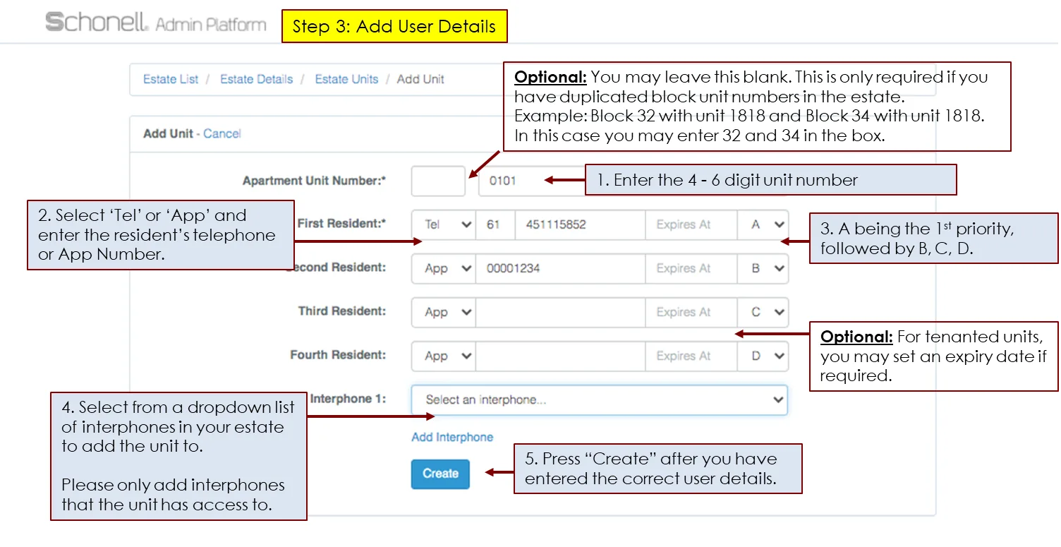 The unit details form with the Create button
