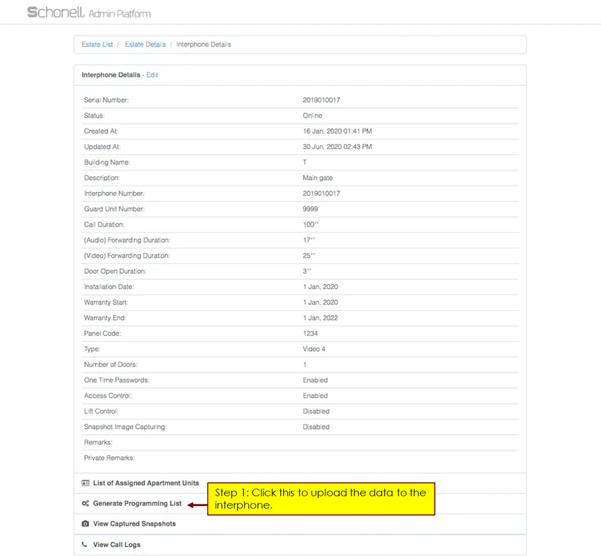 The Generate programming list button on the Interphones page
