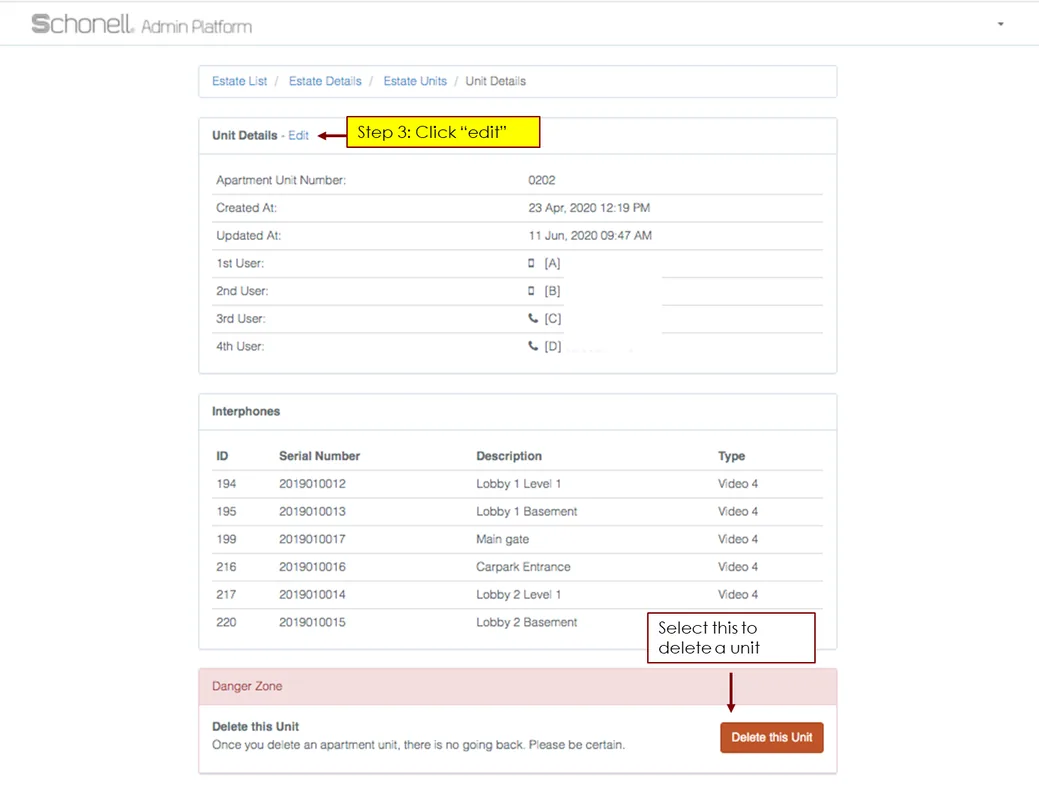 Editing the telephone numbers and app IDs on a unit