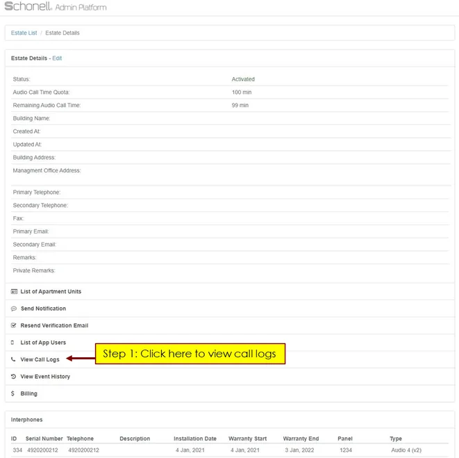 The call log view filtered by unit number