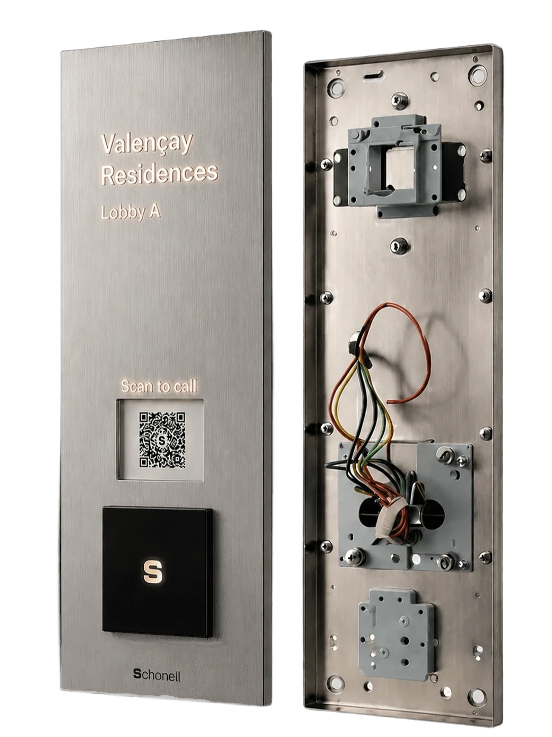 Schonell Interphone Cloud panel, front face and open internal assembly