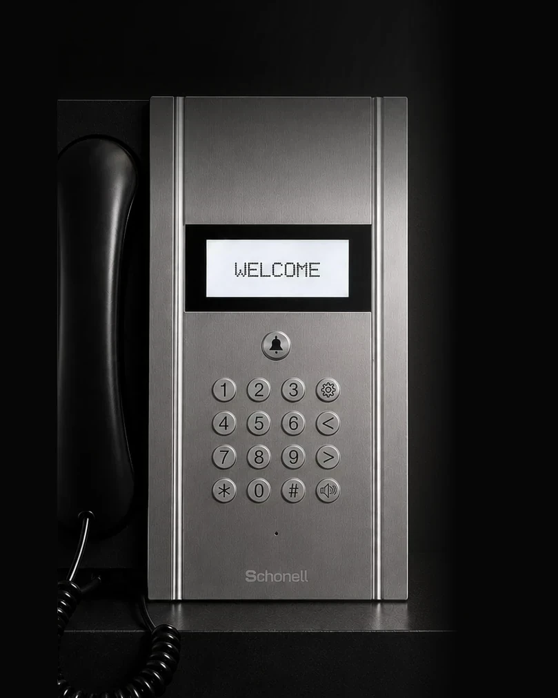 Schonell Guard Interphone concierge station with corded handset and keypad