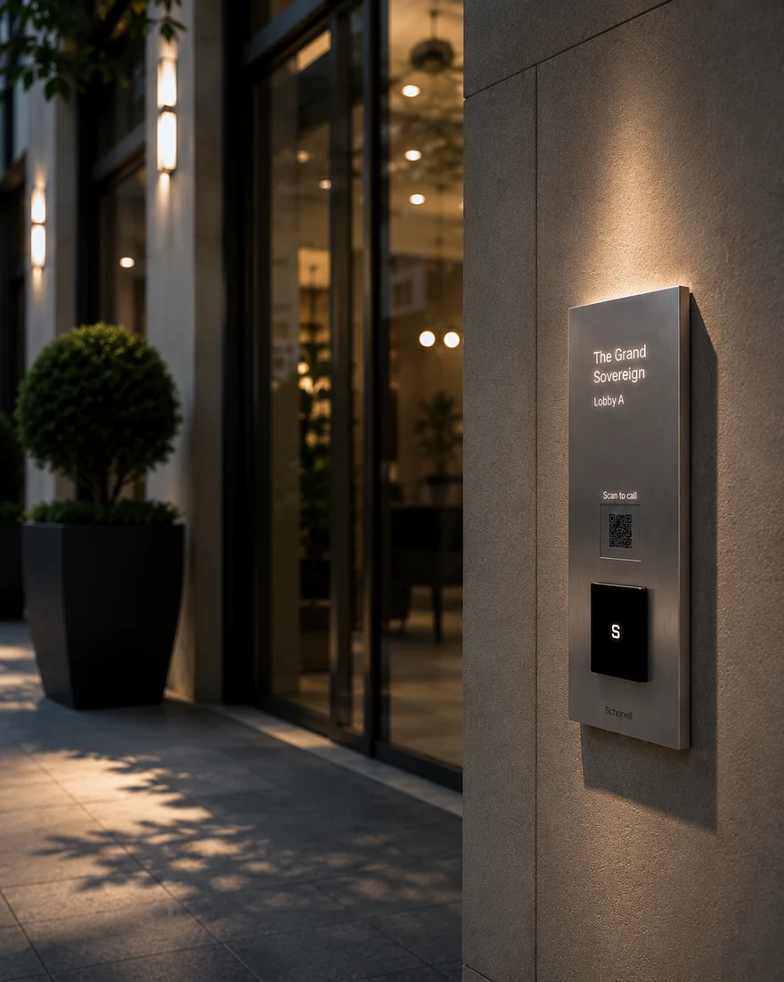 A Schonell Interphone Cloud panel mounted at a condominium lobby entrance at dusk